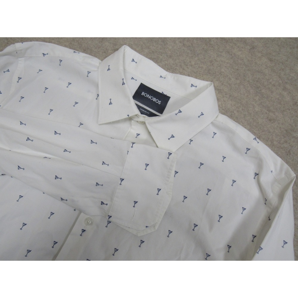 Bonobos Mens Martini Glass Print Button Down Shirt White Blue Standard Fit L